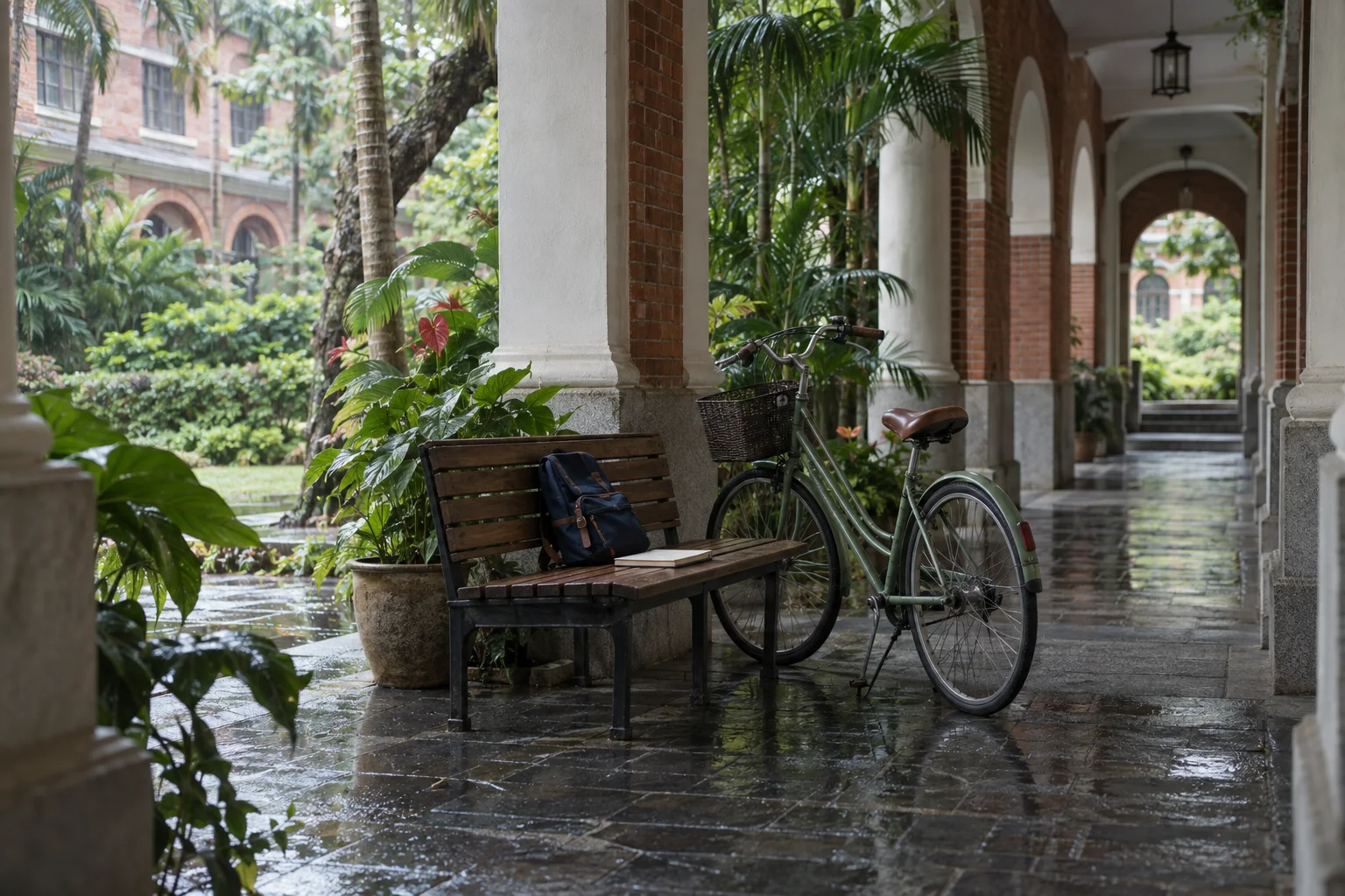 Lorong kampus tropis di Taiwan dengan sepeda dan bangku