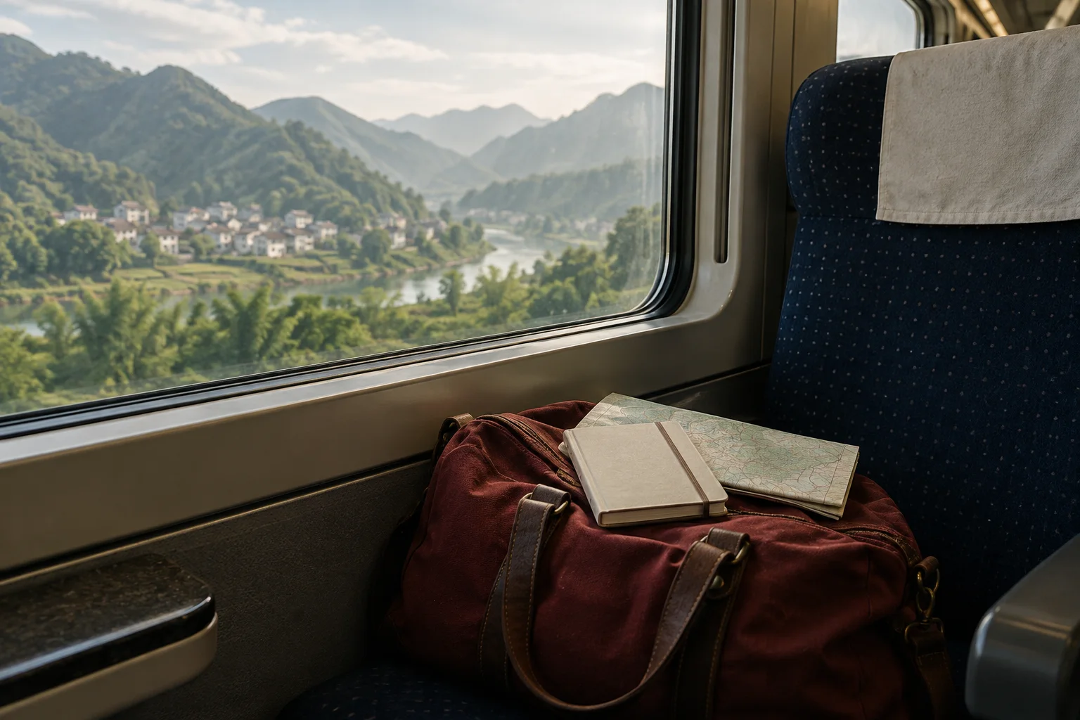 Tas dan buku di kursi kereta dengan pemandangan pegunungan