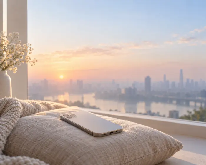 Ponsel di atas bantal dekat jendela saat matahari terbit