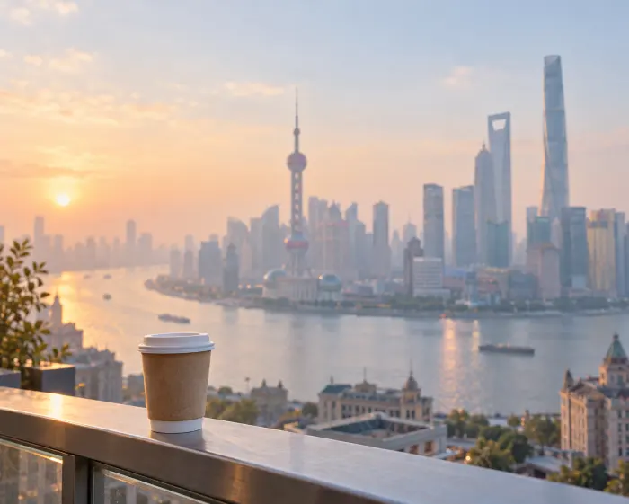 Kopi di pagar rooftop dengan pemandangan kota Shanghai sore hari
