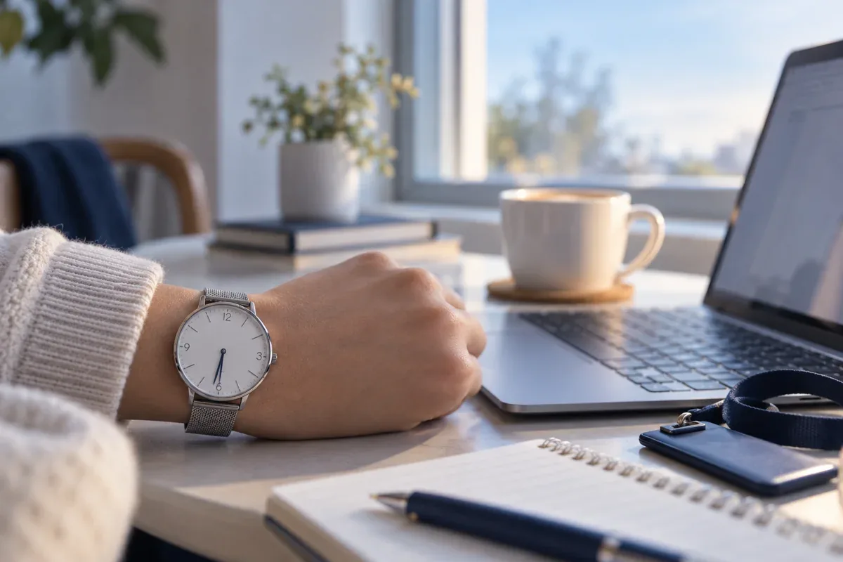Jam tangan pagi di samping laptop